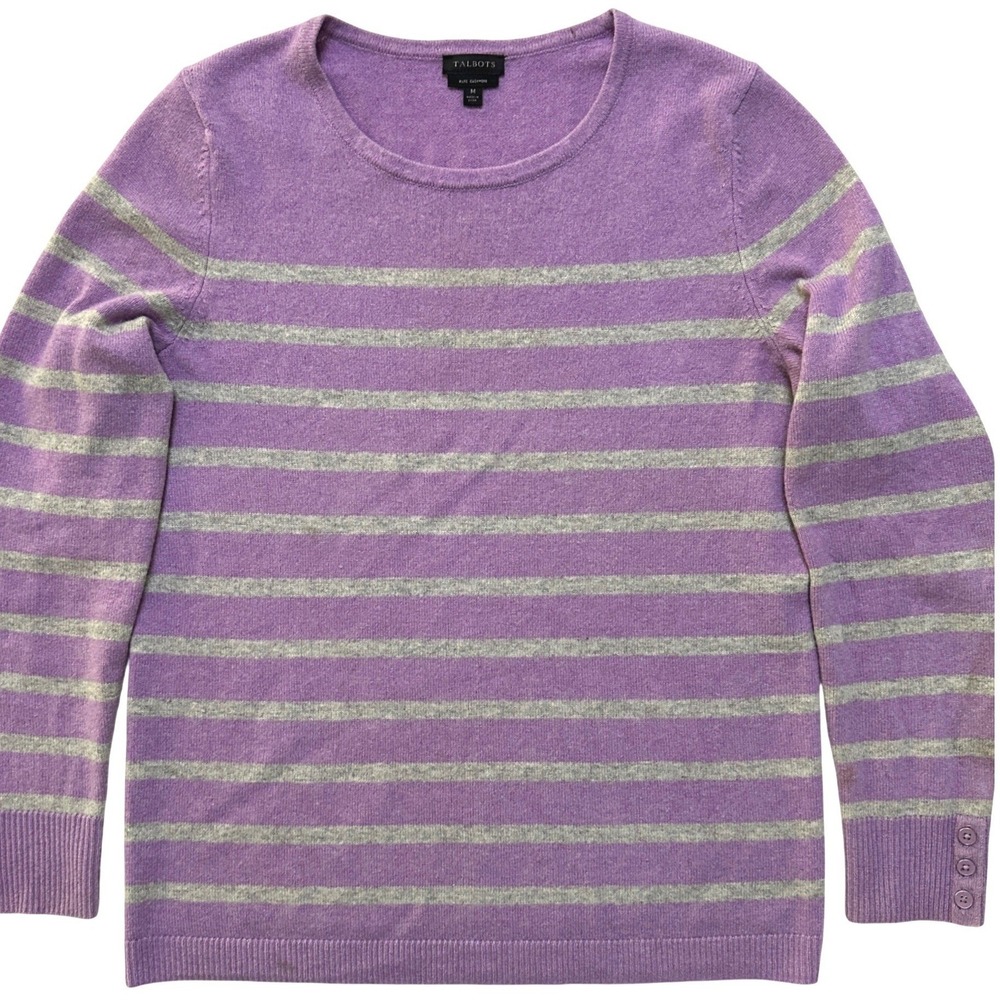 Talbots 100% Cashmere Lavender Gray Stripes Crewneck Sweater M Preppy Luxury